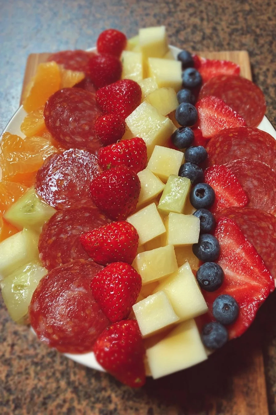 Vibrant fresh fruit salad with a mix of colorful fruits like berries, kiwi, and oranges