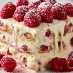 Delicious White Chocolate Raspberry Tiramisu dessert with rich flavors and fresh berries.