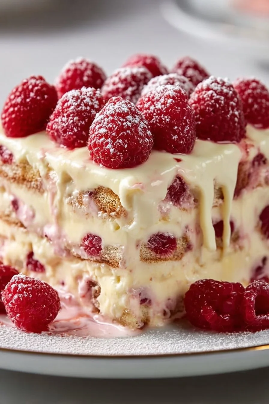 Delicious White Chocolate Raspberry Tiramisu dessert with rich flavors and fresh berries.